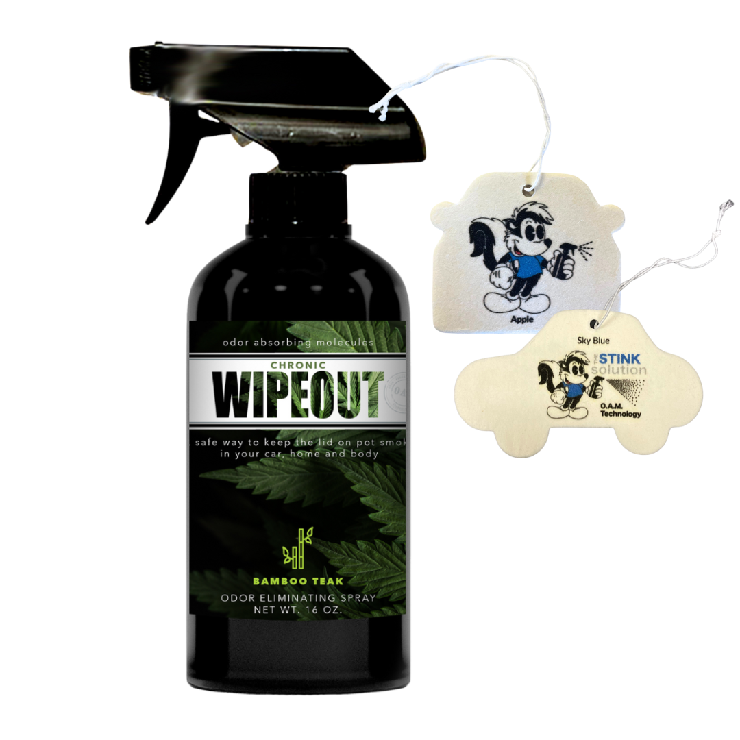 16 oz Odor Eliminating Spray Chronic Wipeout + 2 FREE Stink Solution Air Fresheners