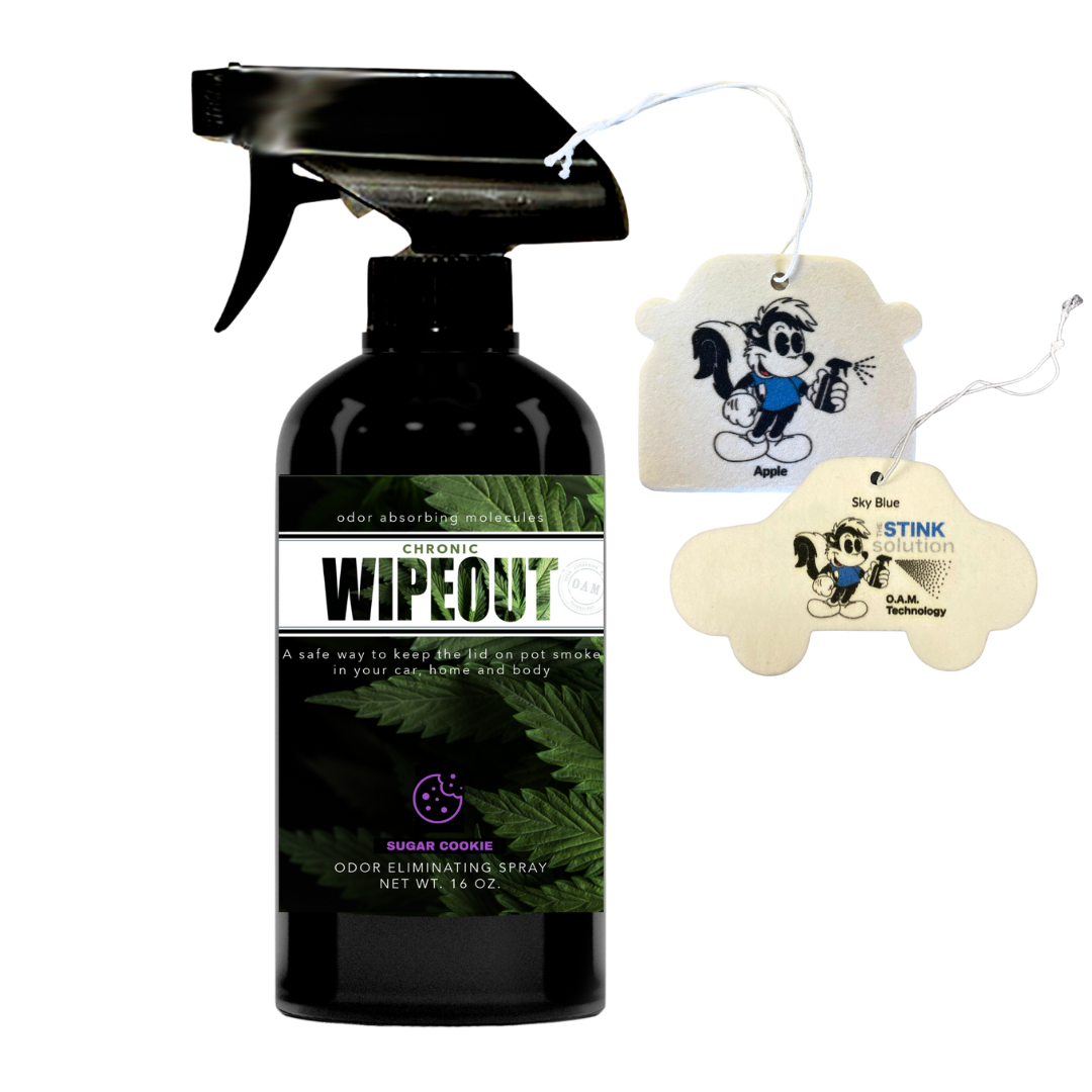 16 oz Odor Eliminating Spray Chronic Wipeout + 2 FREE Stink Solution Air Fresheners