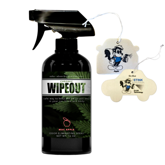 16 oz Odor Eliminating Spray Chronic Wipeout + 2 FREE Stink Solution Air Fresheners