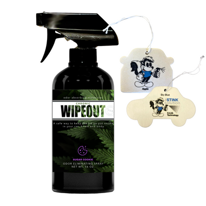 16 oz Odor Eliminating Spray Chronic Wipeout + 2 FREE Stink Solution Air Fresheners